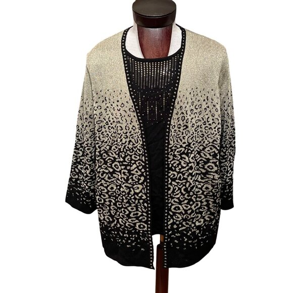 Alfred‎ Dunner Womens Metallic Leopard Cardigan Sweater 2X Black Gold Open Front - Picture 1 of 9
